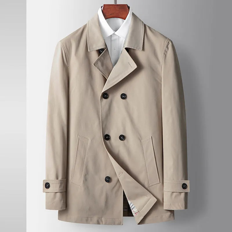 Men's double-breasted slim fit trench coat in synthetic fibre blend, available in blue black and khaki Asian sizes 170-195