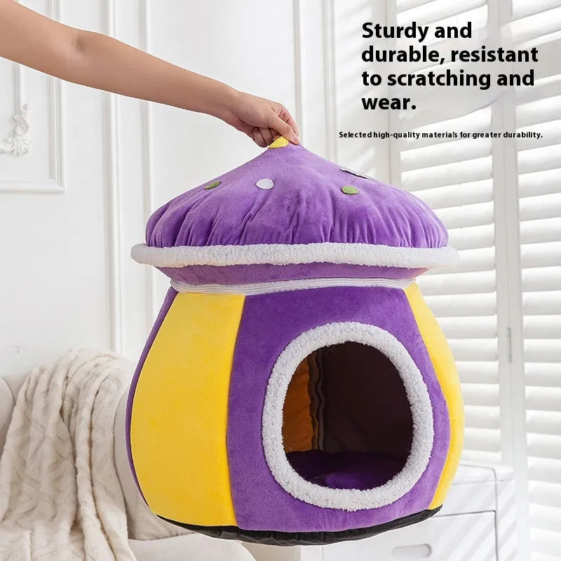 Grey mushroom-shaped plush cat bed with a thick, soft interior for pet comfort.