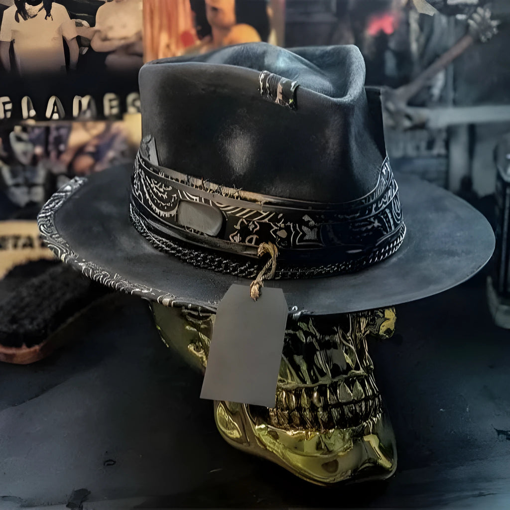 Handmade wool felt skull hat with a conical crown and blue denim trim.