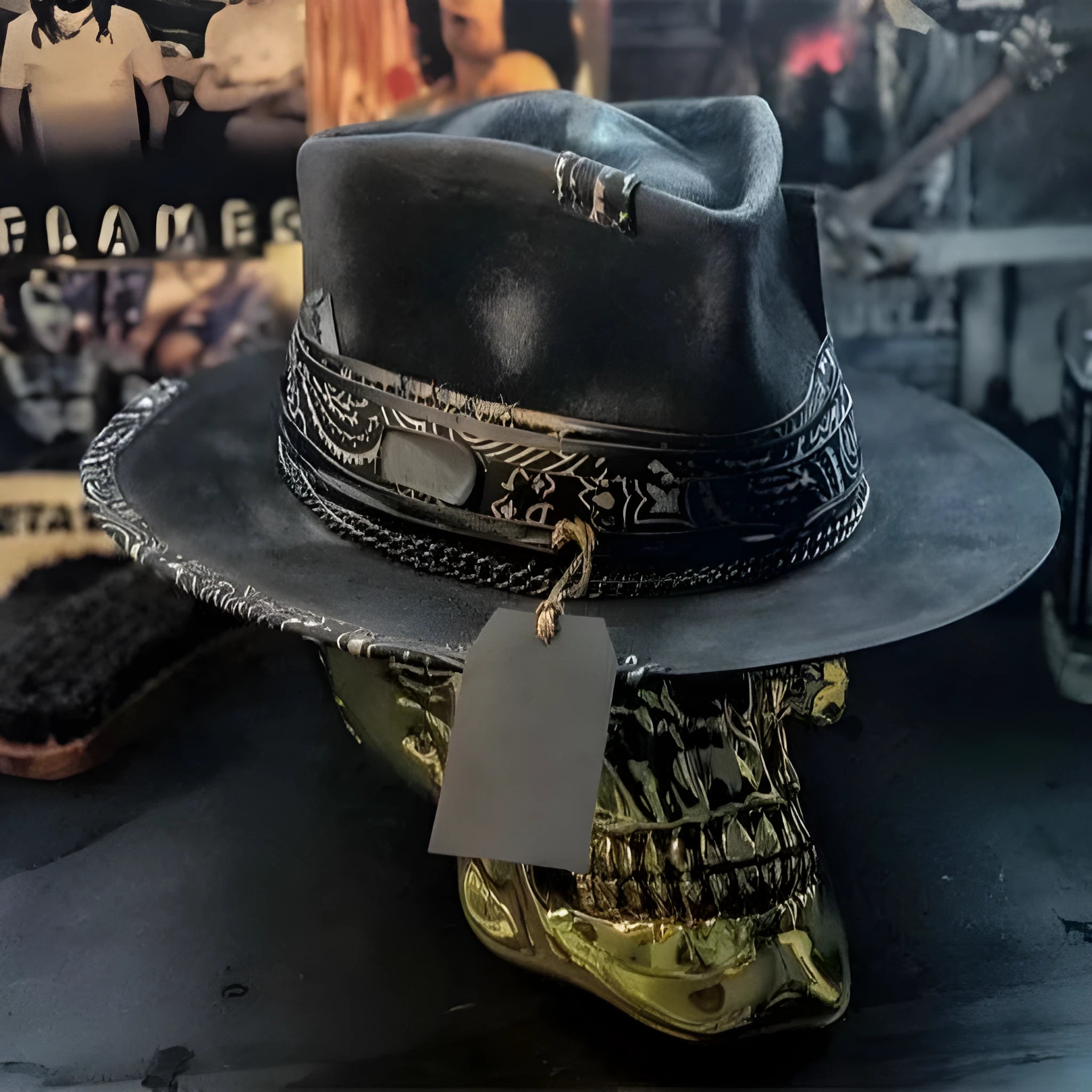 Handmade wool felt skull hat with a conical crown and blue denim trim.