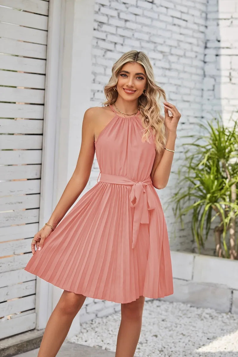 Women's black halter neck strapless sundress with pleated skirt and adjustable waist belt