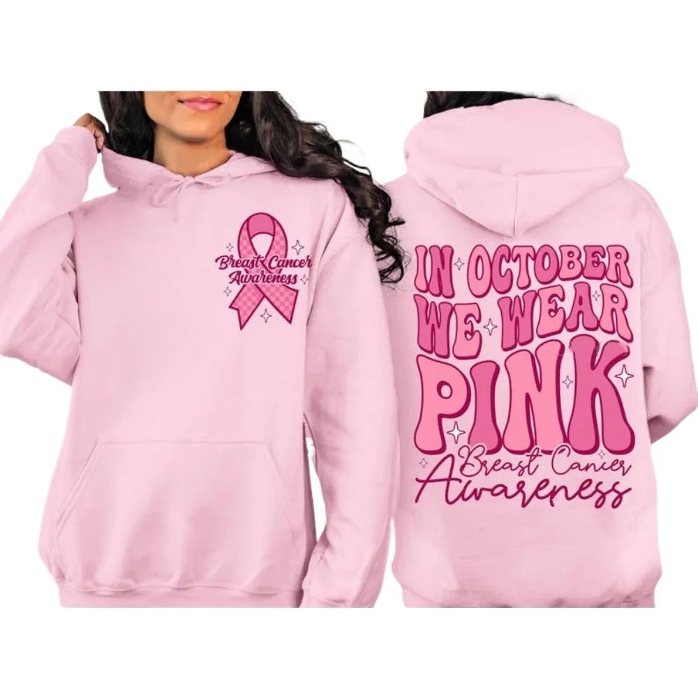 Breast Cancer Awareness hoodie sweatshirt with hot stamping pattern and side pockets in pink colour