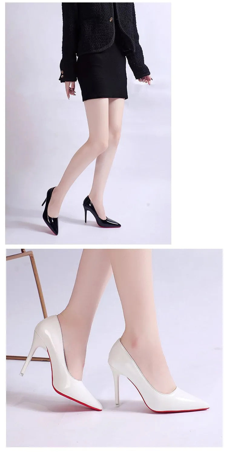 Women's black stiletto pumps with pointed toe and shallow mouth design on white background