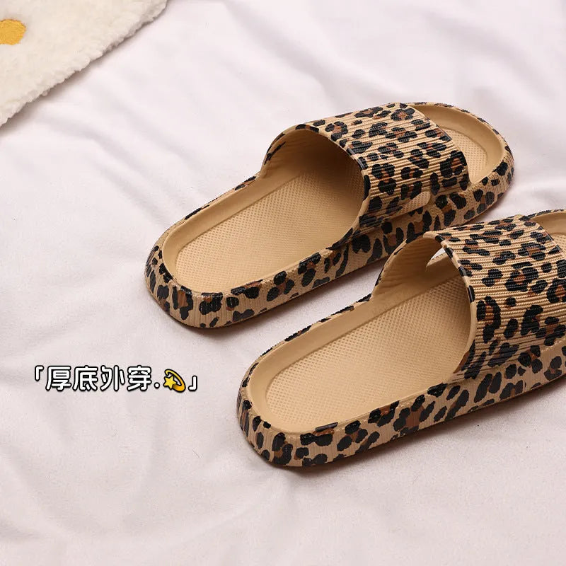 Women's leopard print slippers with thick EVA sole in Korean style, showing colour options.