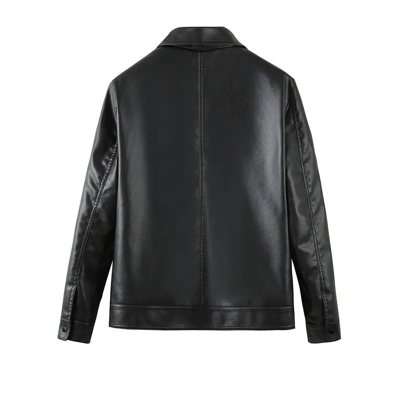 Men's black PU leather casual jacket with zip pockets and loose fit