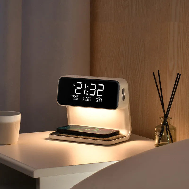 White 3-in-1 bedside lamp with wireless charging pad, LCD screen clock, and touch dimming.