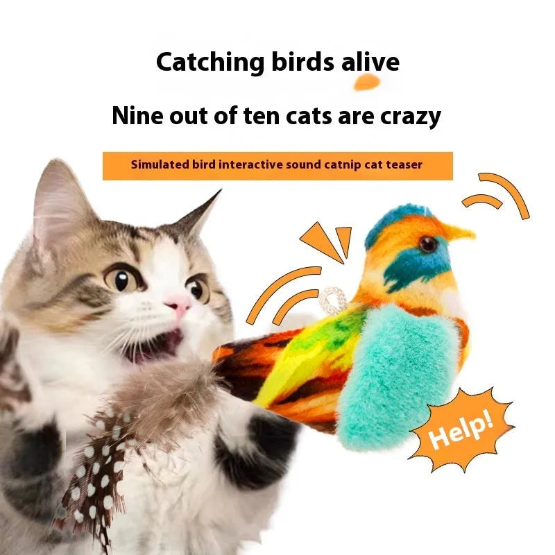 Plush bird simulation cat toy in blue kingfisher colour with feather-like design