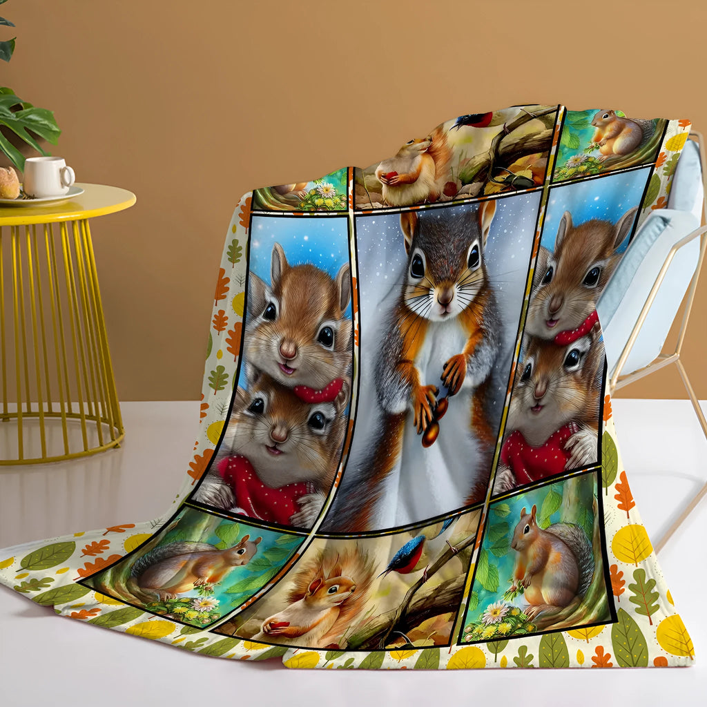 Soft flannel white bellied squirrel printed throw blanket on a sofa, yellow colour, hemmed edges