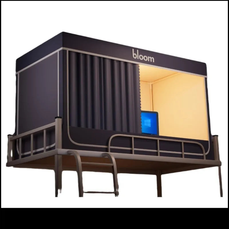 Grey integrated bed curtains with mosquito net for 0.9m width beds showing bracket system