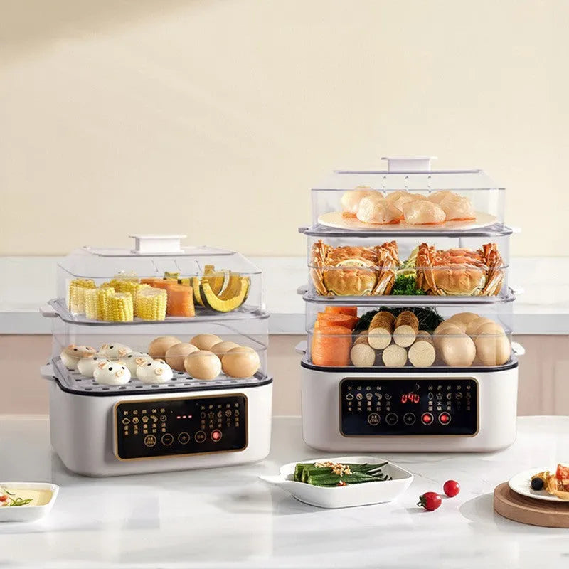 28 litre electric steamer with stainless steel cooking pot and automatic measuring function