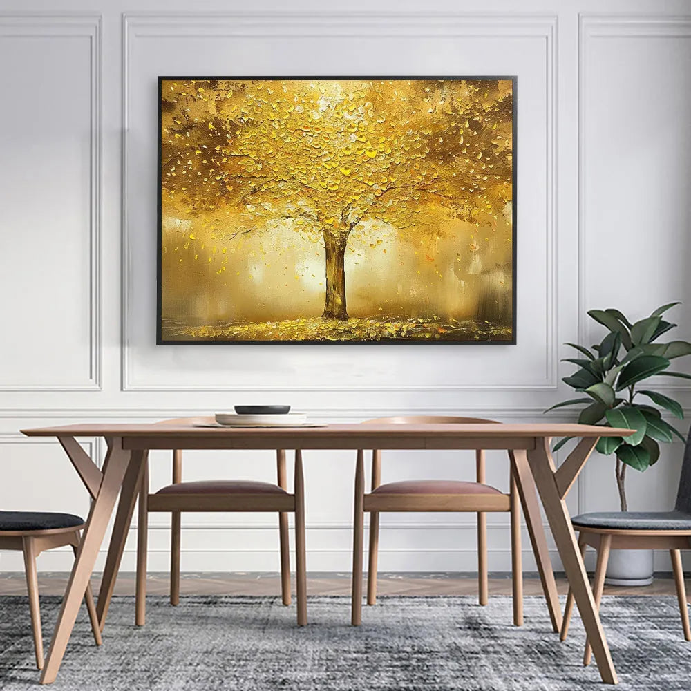 Handmade oil painting of a gold fortune tree on canvas, horizontal orientation, no frame, for living room decor