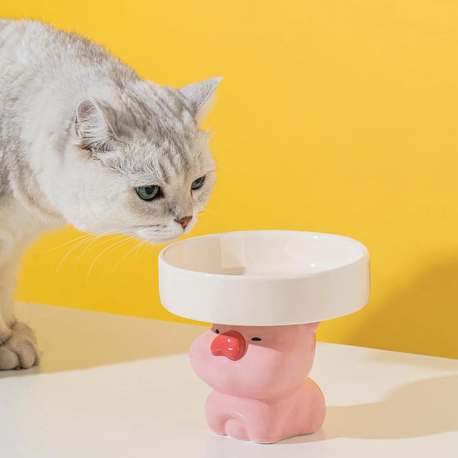 Ceramic raised cat bowl with animal design, showing elevated height and wide feeding opening