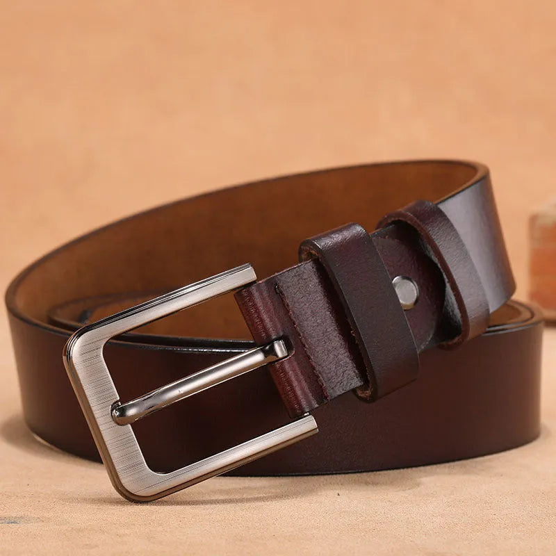 Men's square head pin buckle casual belt in black or brown with alloy buckle and needle closure.