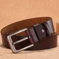 Men's square head pin buckle casual belt in black or brown with alloy buckle and needle closure.