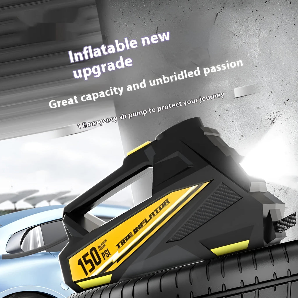 Black portable digital tyre inflator with LED light and 12V power cable.