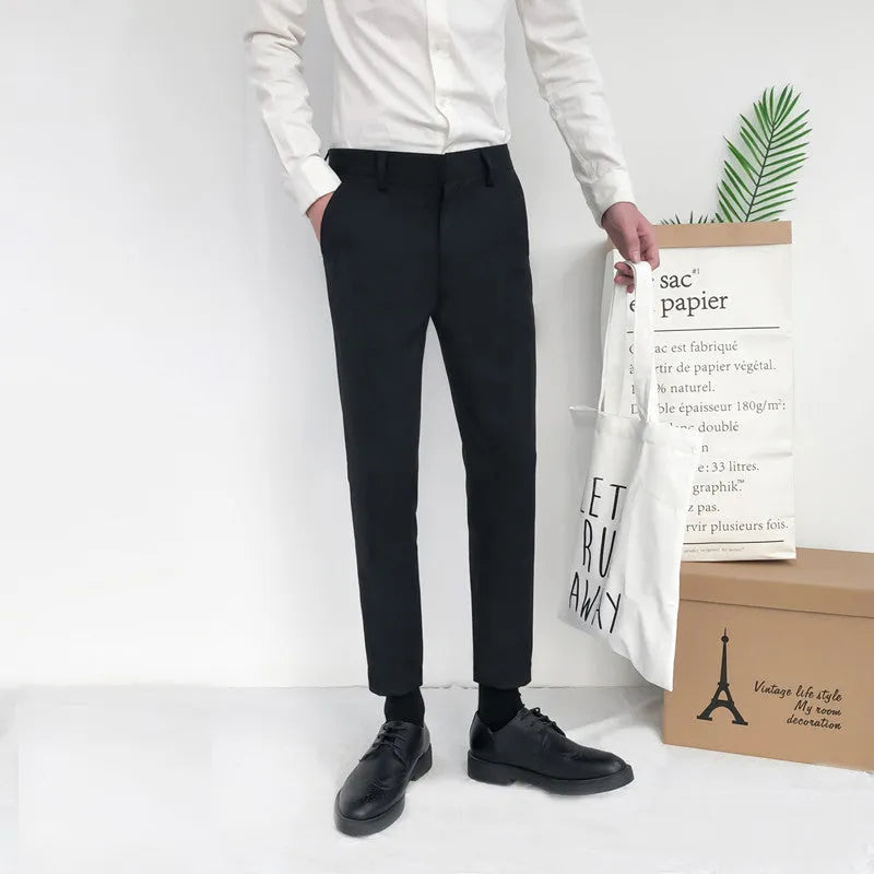 Men's slim loose straight-leg cotton trousers in khaki with a drawstring waist