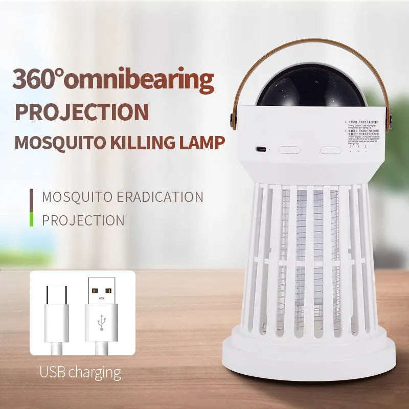 White electric mosquito killer lamp with star projection feature and a folding carry handle.
