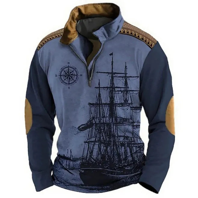 Man wearing a loose-fit long sleeve t-shirt with retro colour printing and zipper details.