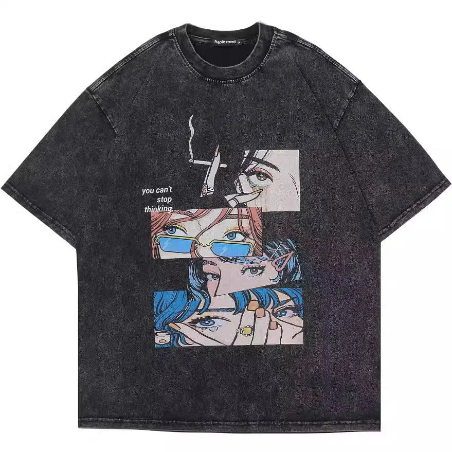 Men's loose fit cotton T-shirt with cartoon print in washed black colour