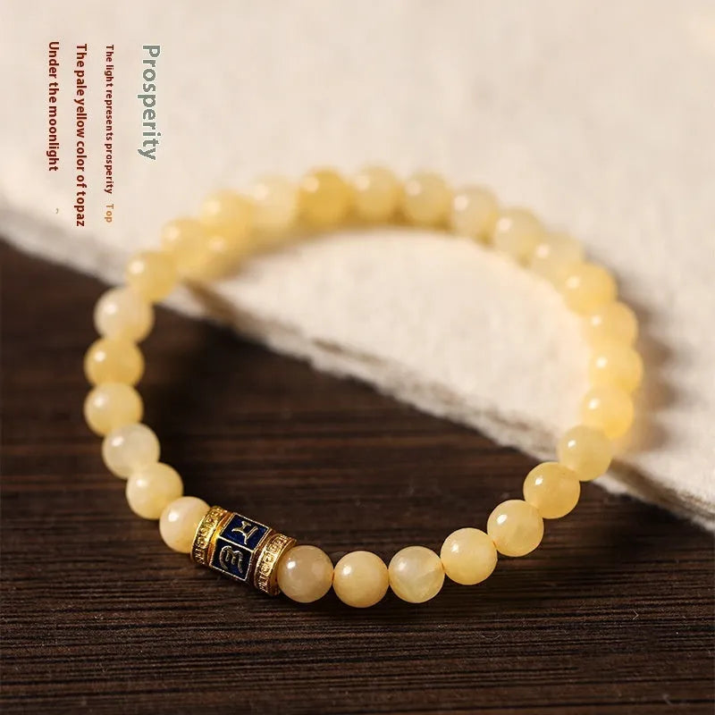 Hand-woven women's topaz bracelet with 6mm mantra barrel beads and square sugar jade pieces