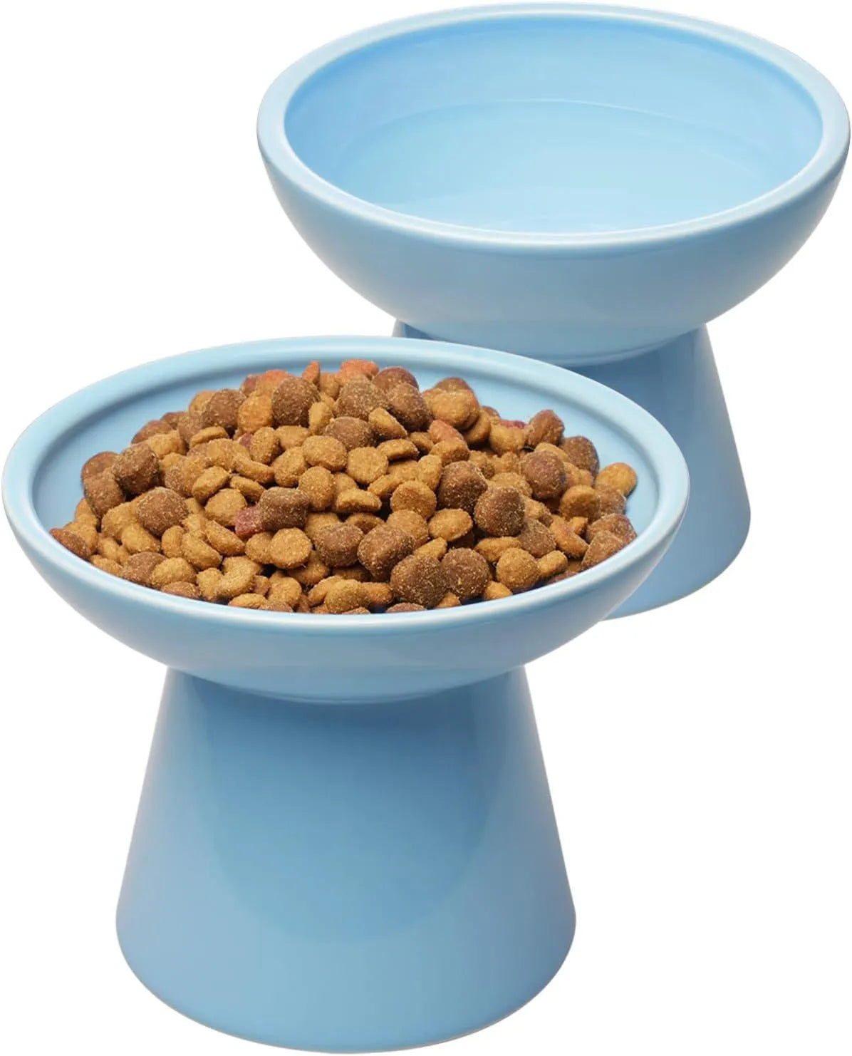 Extra wide ceramic elevated cat food bowl set in blue colour with shallow design