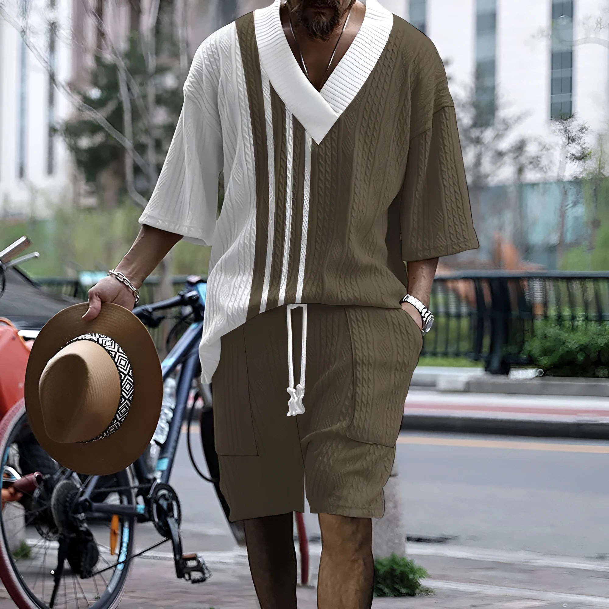 Men's knitted shorts suit set with printed drop-shoulder short sleeve top and matching shorts