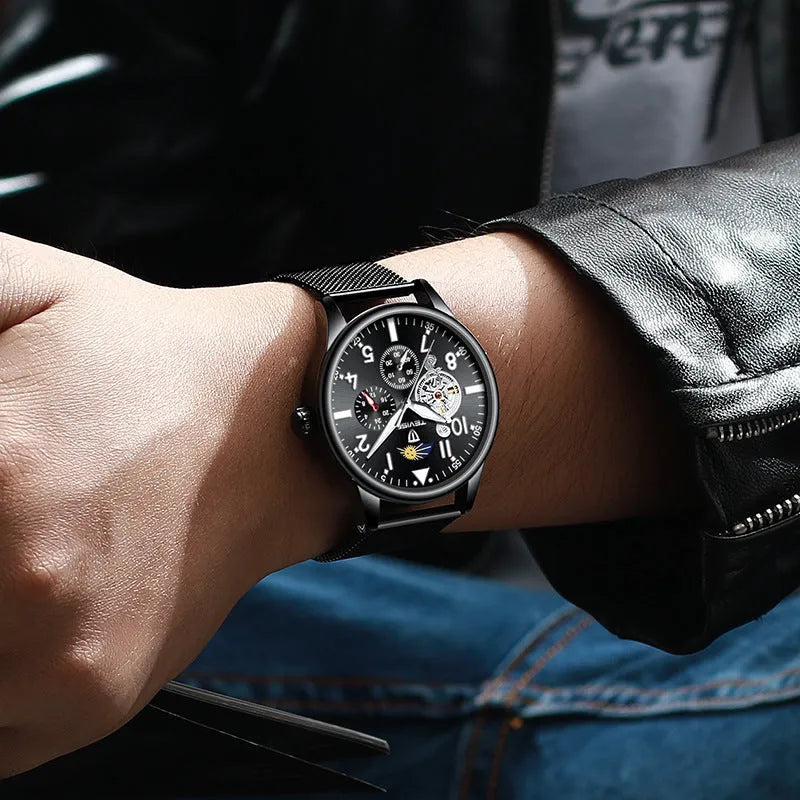 Men's black mechanical watch with moon phase indicator on a 41mm alloy case.