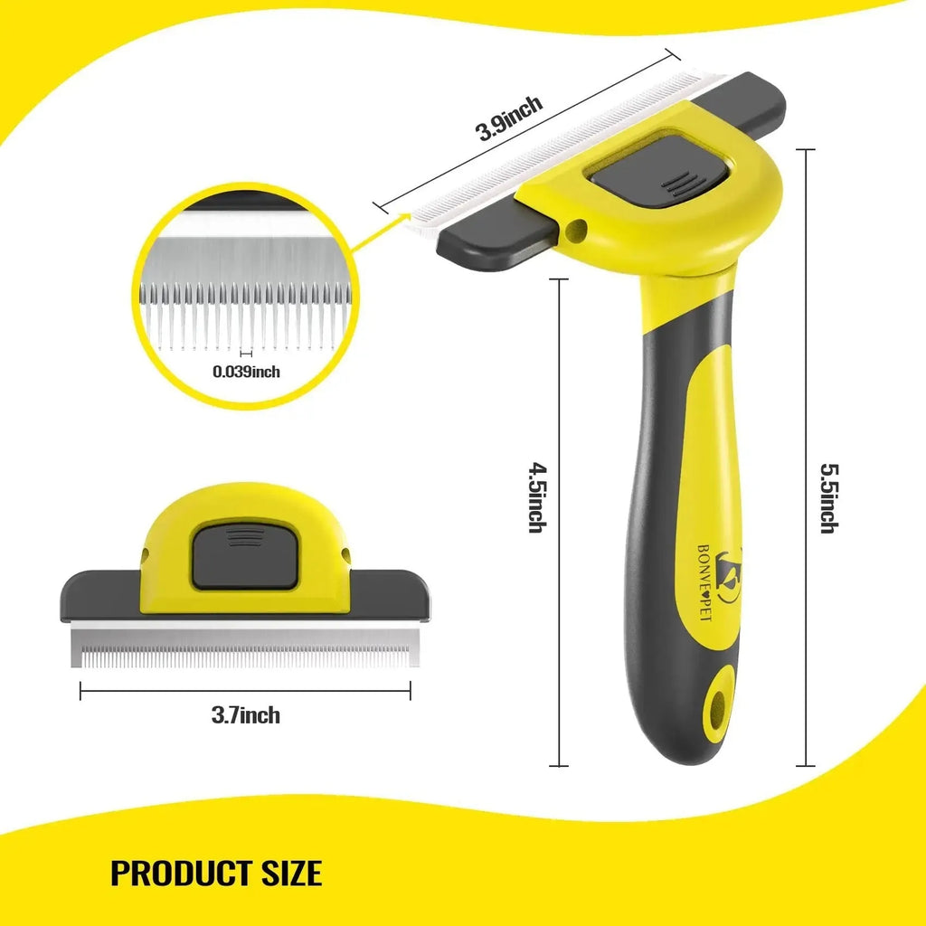 Blue and yellow dog grooming comb with stainless steel blades for pet hair removal and knot untying