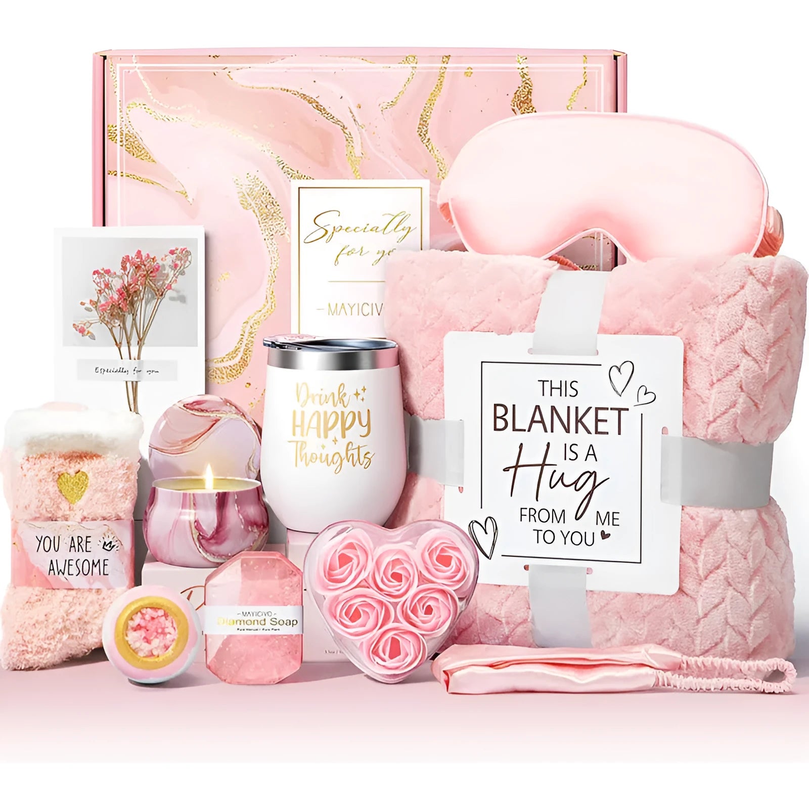 Aromatherapy gift set with candle, soap, and bath salts in modern plastic gift box