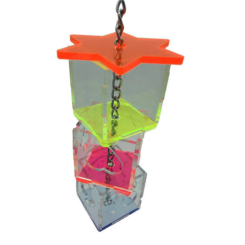 Clear acrylic parrot foraging toy measuring 5 cm by 5 cm by 32 cm with food hiding slots
