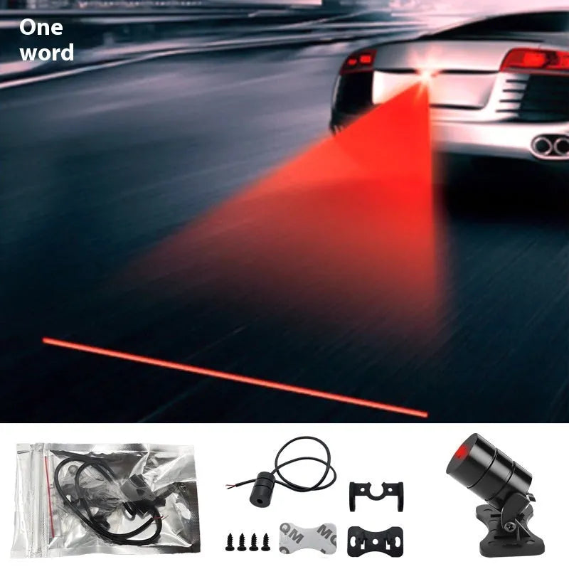 Motorcycle laser fog light unit with aluminium housing showing multiple projected beam patterns on ground.
