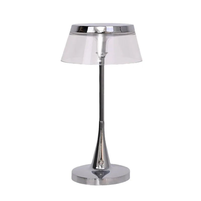 Light luxury rechargeable table lamp with transparent aluminium acrylic shade, touch dimming control, 2W LED
