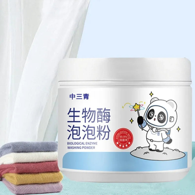 Bottle of biological enzyme bubble powder laundry detergent for stain removal.