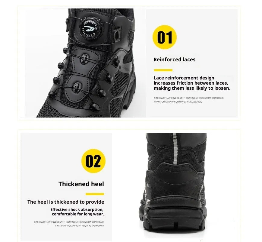 Black JK7926 high top steel toe labour insurance shoes with anti-skid rubber sole and button lacing closure