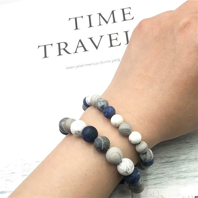 Handmade natural stone bead bracelet in U-shape with planet stone starry design