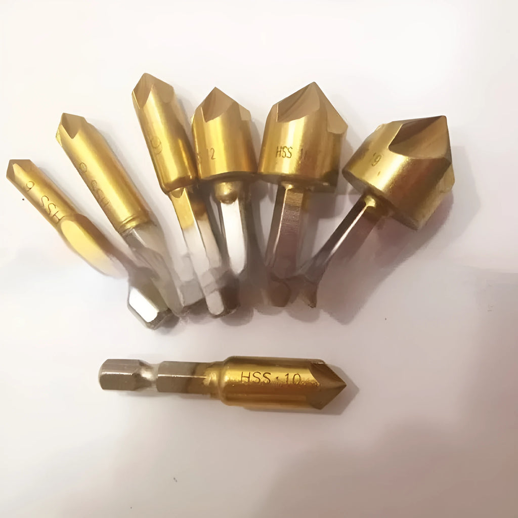 Titanium-plated high carbon steel five-blade chamferer six-piece set for woodworking holes sizes 6-19 mm
