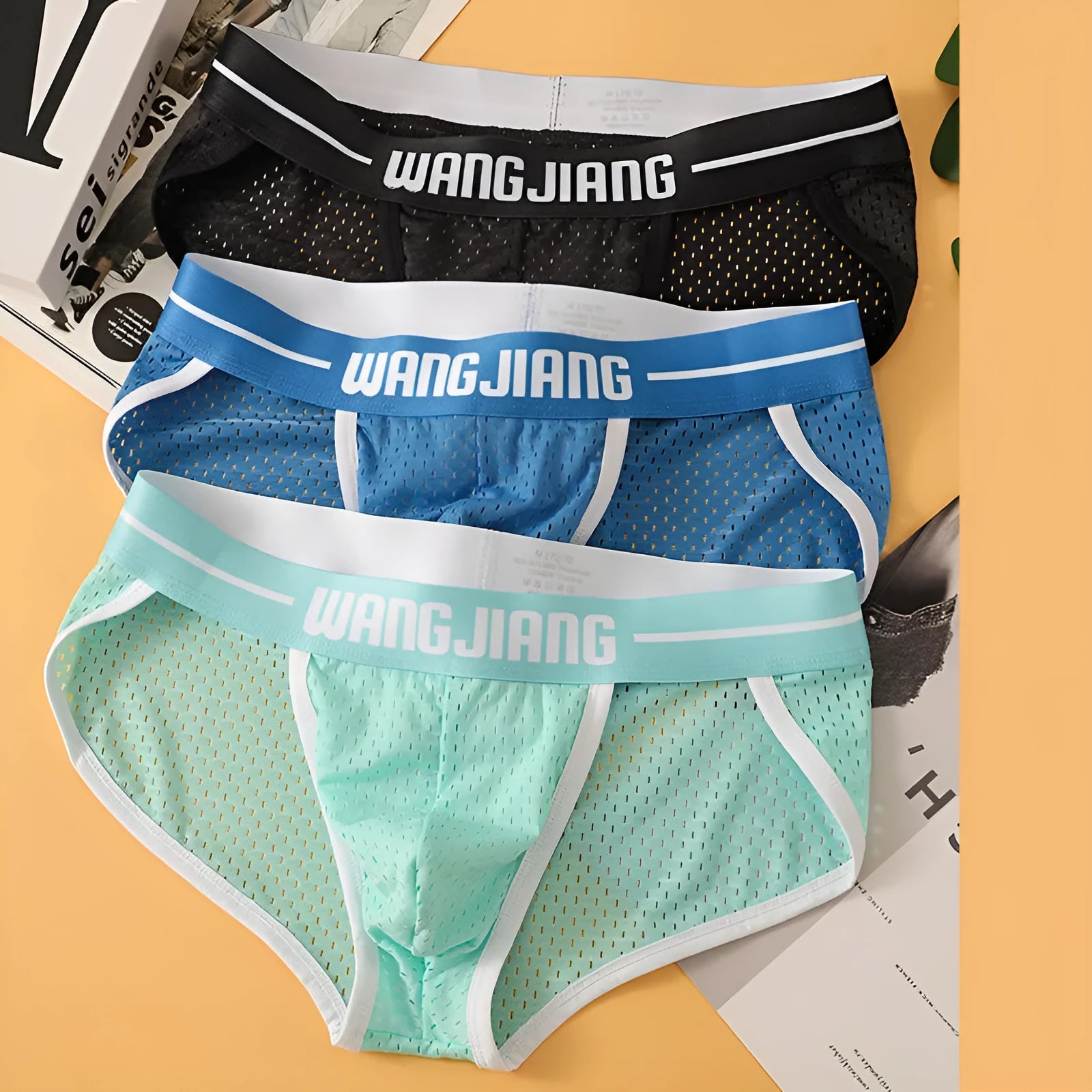 Men's black mesh breathable Ice Silk triangle underwear briefs laid flat