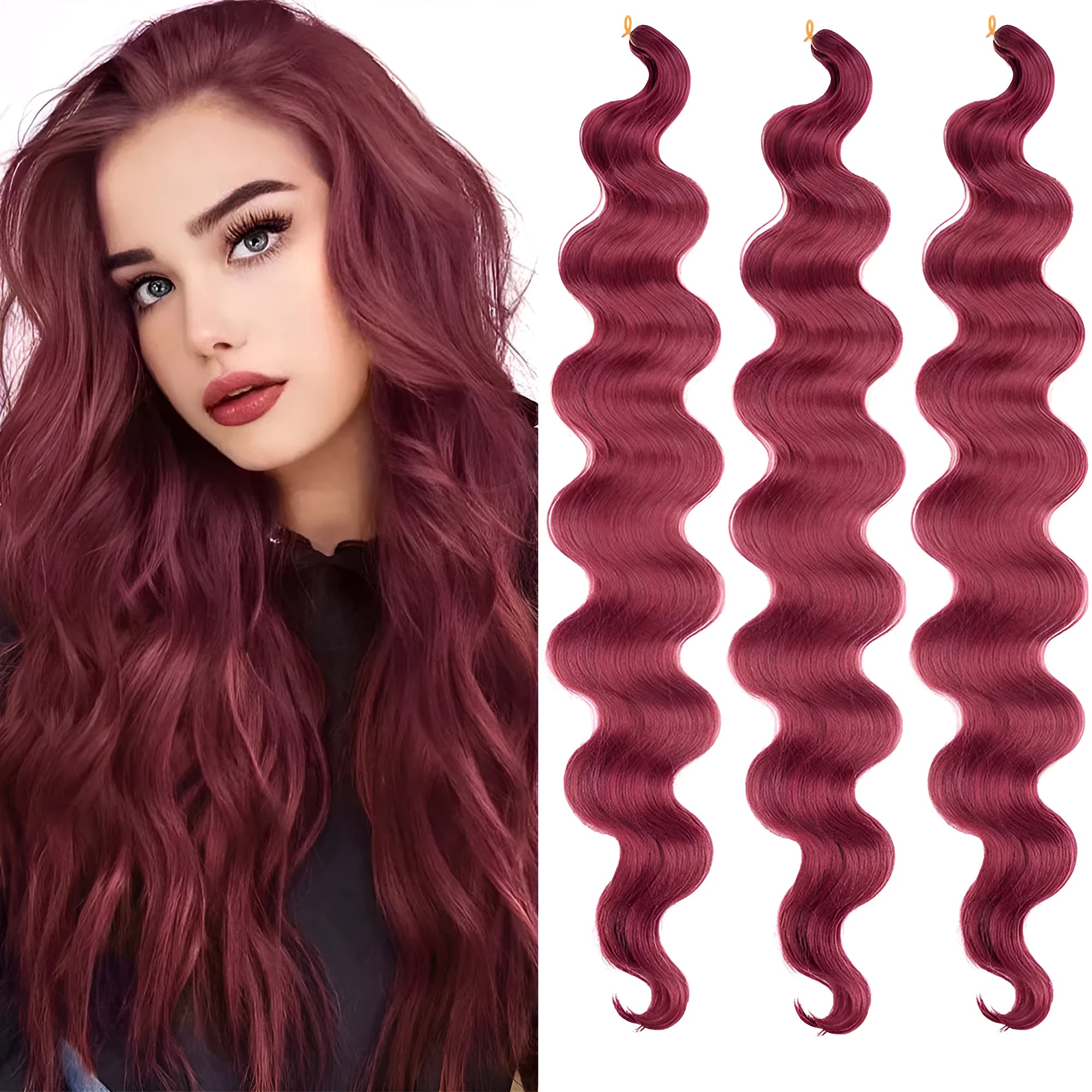 Wine red 24-inch big wave synthetic wig extension on display