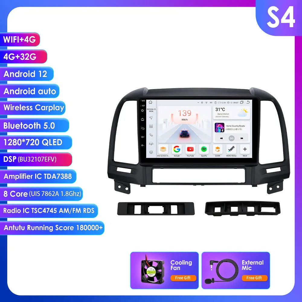 Hyundai Santa Fe 2 06-12 Android car GPS navigation 9 inch HD LCD octa-core CarPlay unit