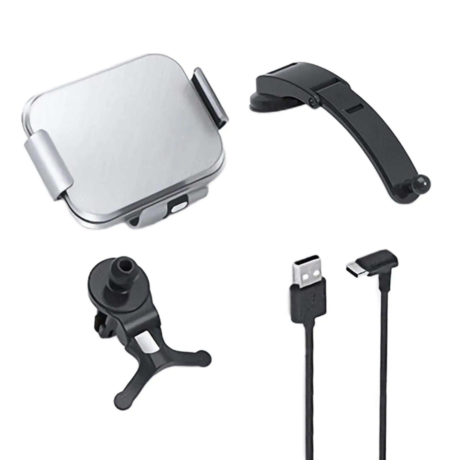 Grey and white car wireless charging phone holder with vent clip and suction cup mount on a dashboard.