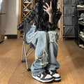 Blue cotton wide-leg denim trousers with high waist and straight-leg cut
