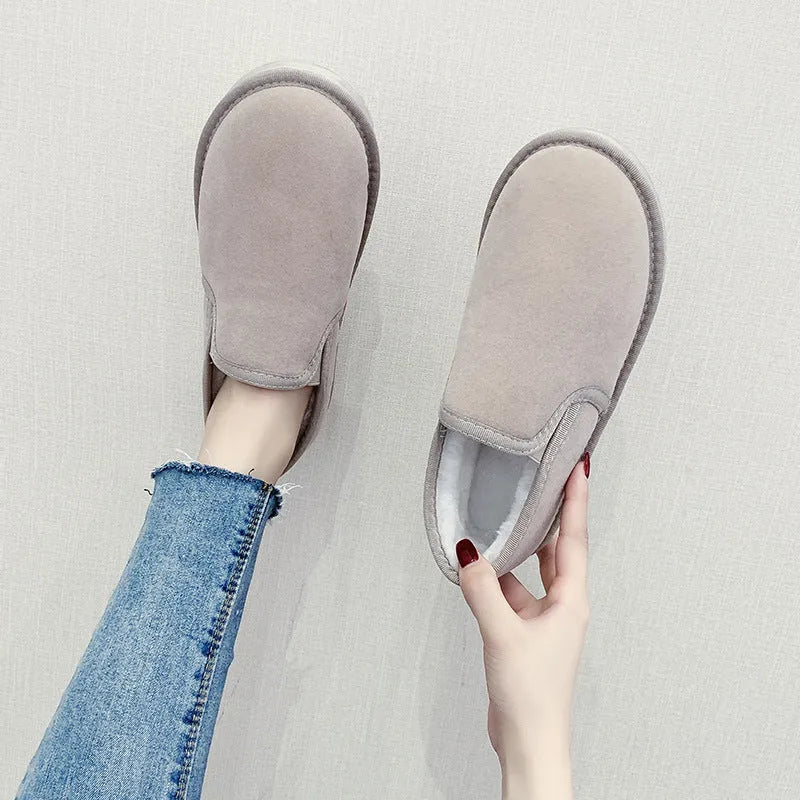 Fleece-lined casual snow boots with a flat rubber sole, shown in multiple colours.