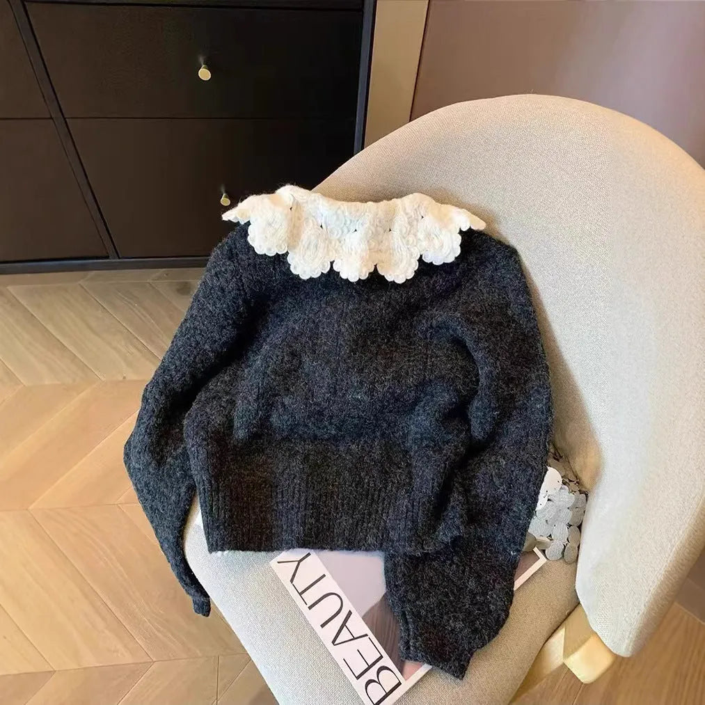 Black French style doll collar college style thick knit cardigan sweater loose fit