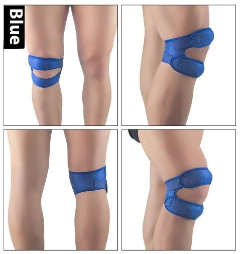 Shock absorption leggings for sports with knee pads in black, blue, grey, and rose red colours.
