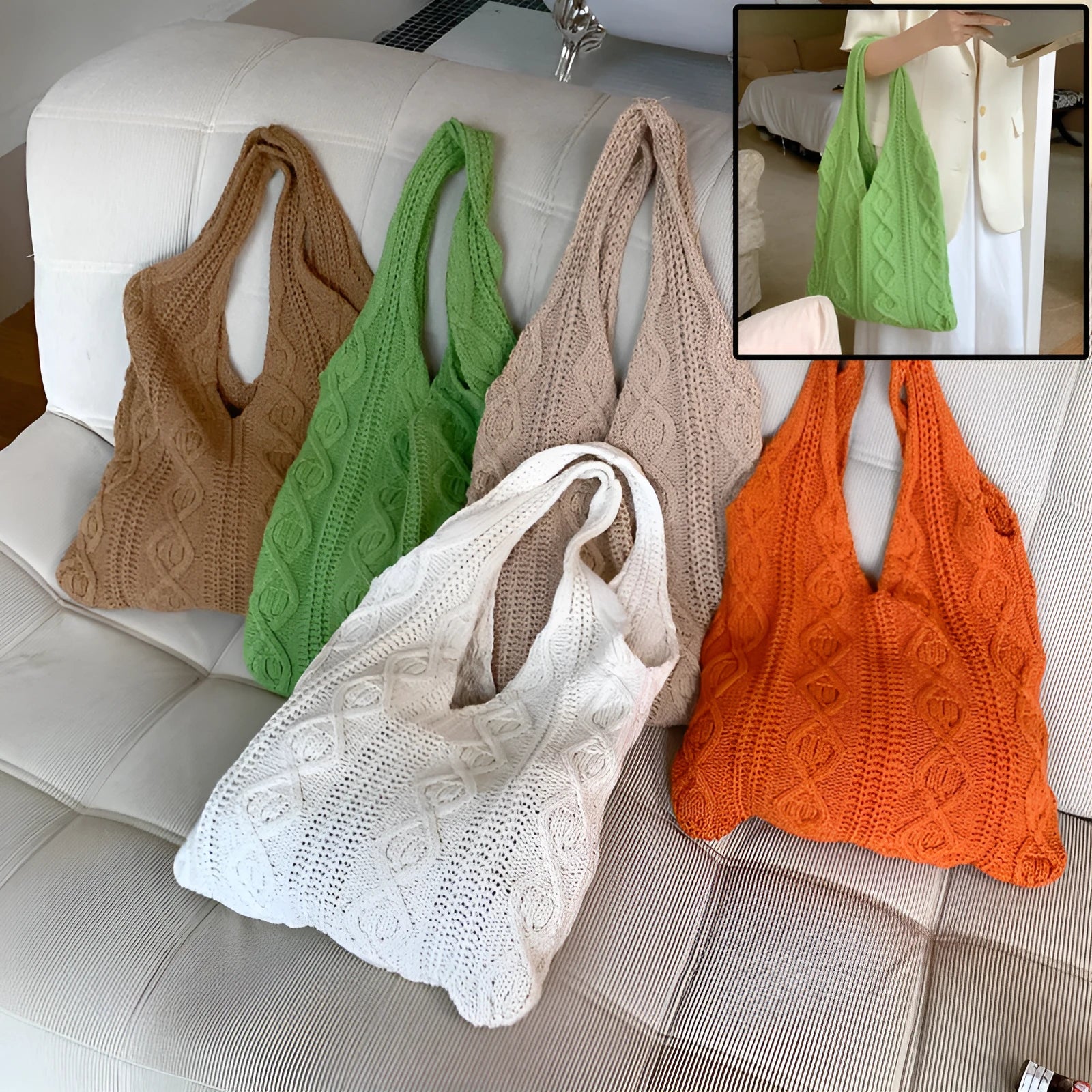 Knitted yarn shoulder tote bag in solid colour with hollow texture and double straps
