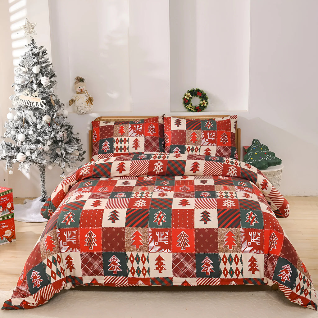 Red plaid Christmas bedding three-piece set showing quilt cover and pillowcases on bed