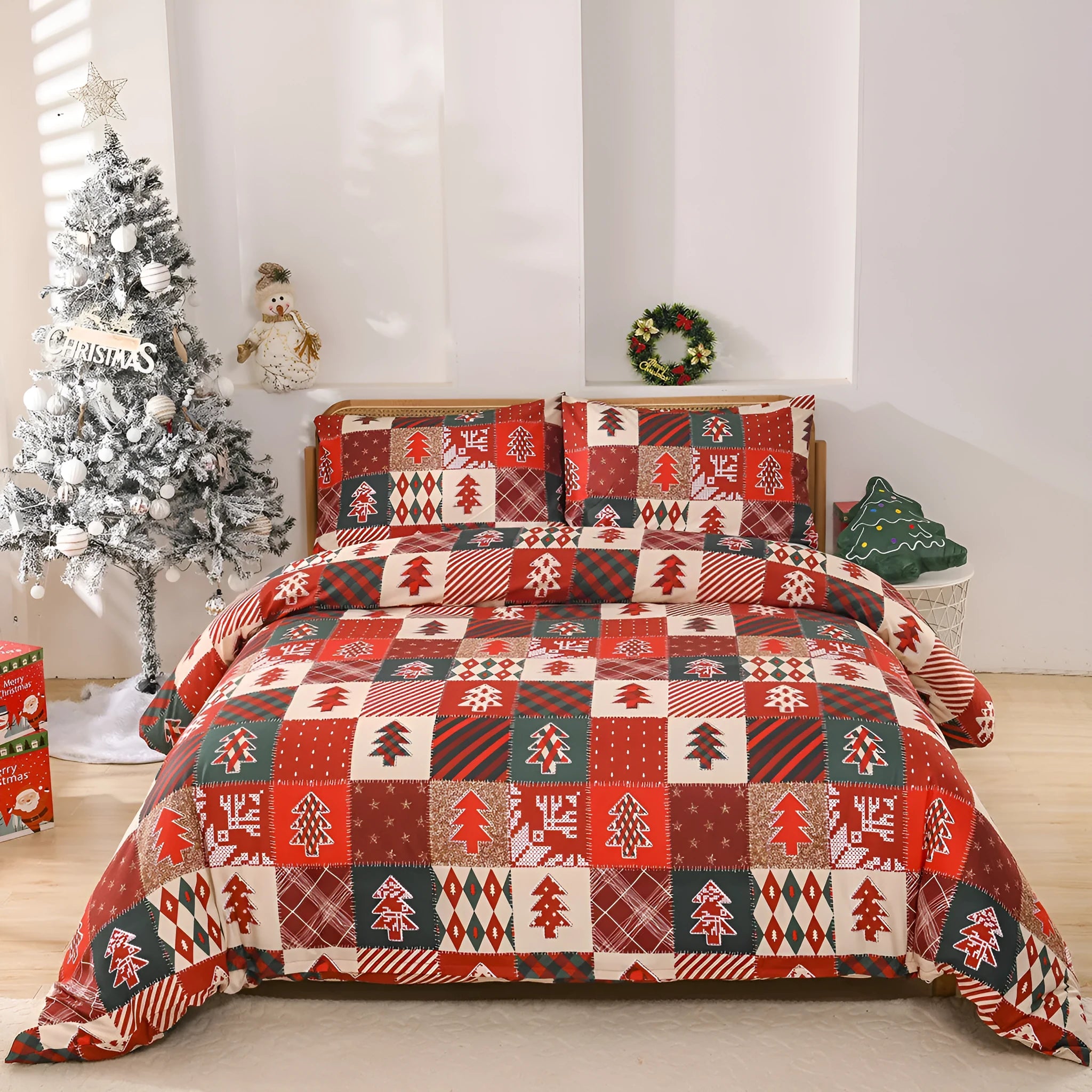 Red plaid Christmas bedding three-piece set showing quilt cover and pillowcases on bed