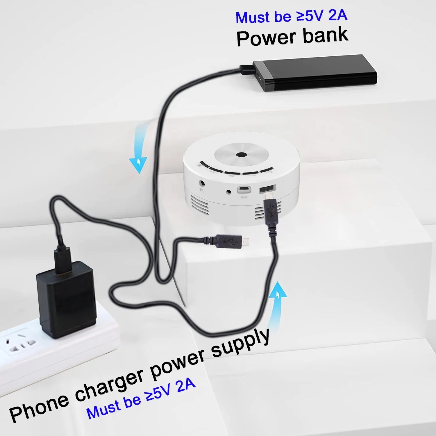 Household portable small wired mobile phone projector in white, 100mm by 47mm