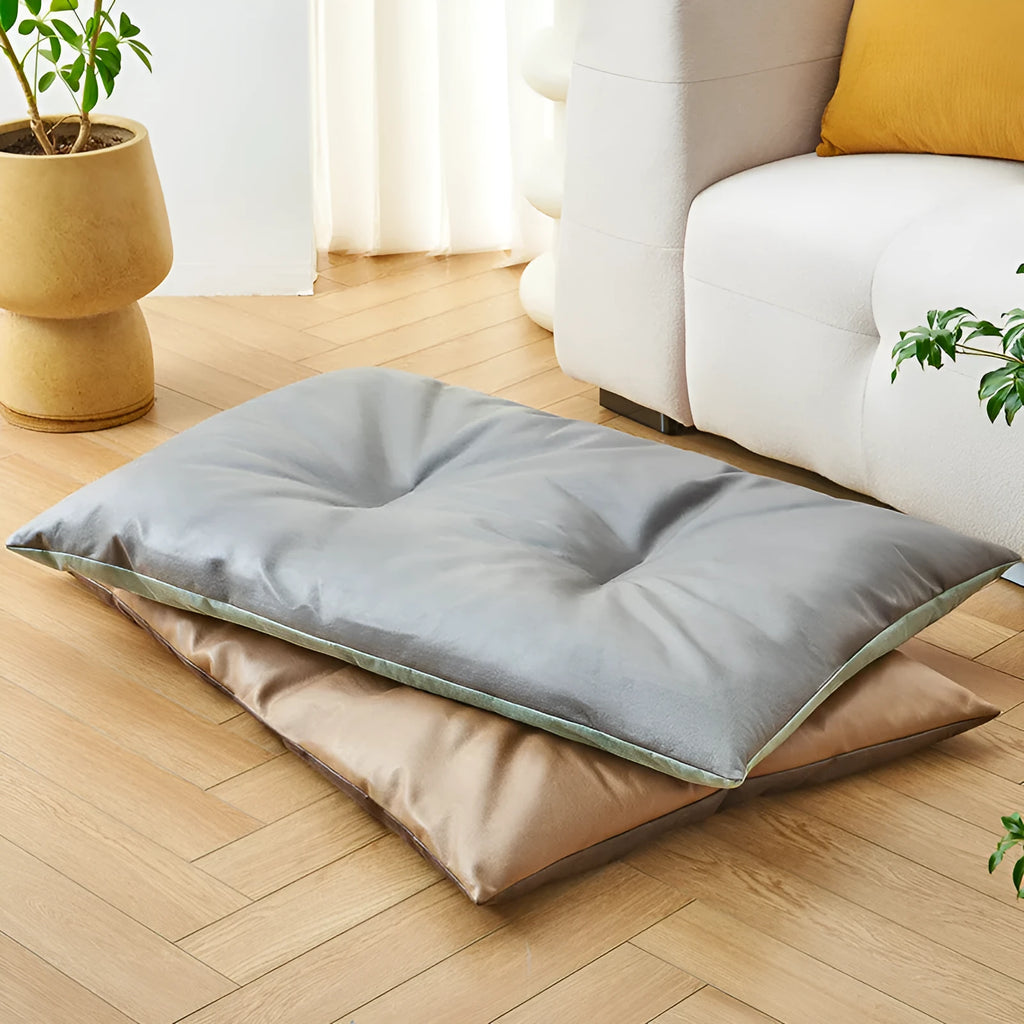 Cool summer pet nest sleeping mat in blue or coffee colour showing size options S M L XL
