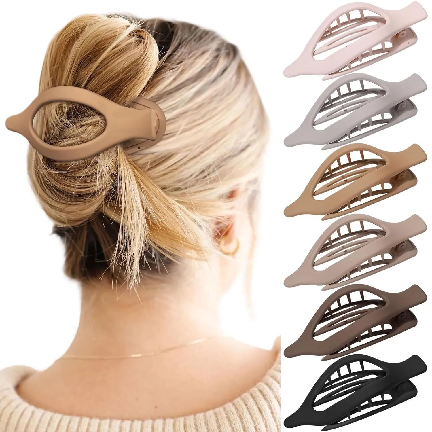 Six nude-coloured plastic hair clips with frosted grip and pointed toe design arranged on white background
